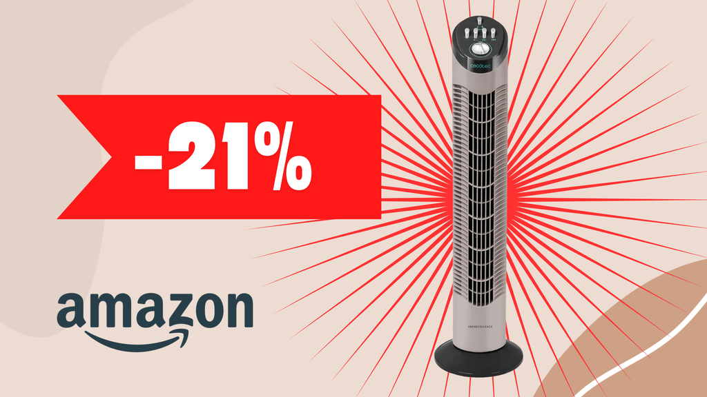 Ventilatore a torre Cecotec in primo piano su sfondo colorato e percentuale di sconto