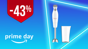 Frullatore a immersione Moulinex sfondo celeste con label sconto