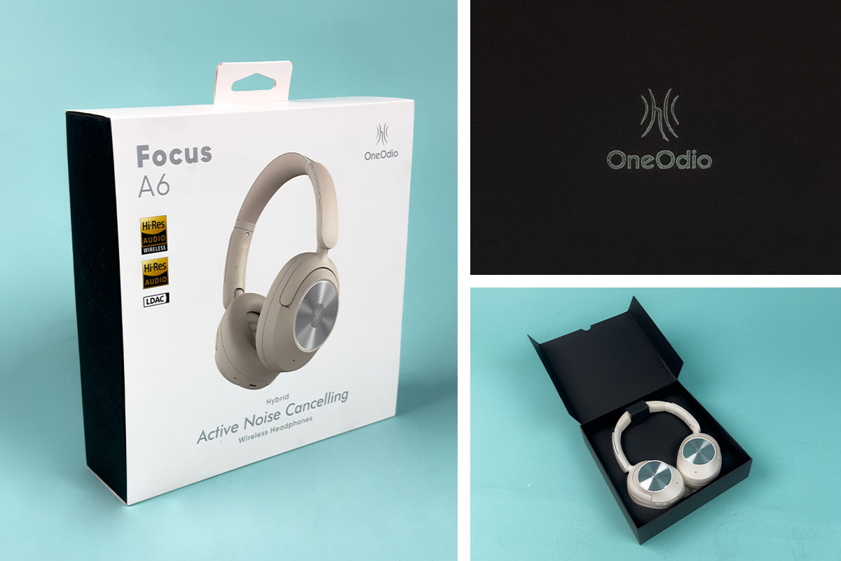 OneOdio Focus A6: la nostra recensione delle nuove cuffie wireless over ear - www Composizione fotografica di tre foto del pack delle cuffie OneOdio focus A6 - www