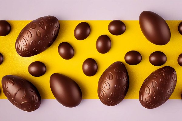 uova di pasqua cioccolato fondente su sfondo giallo