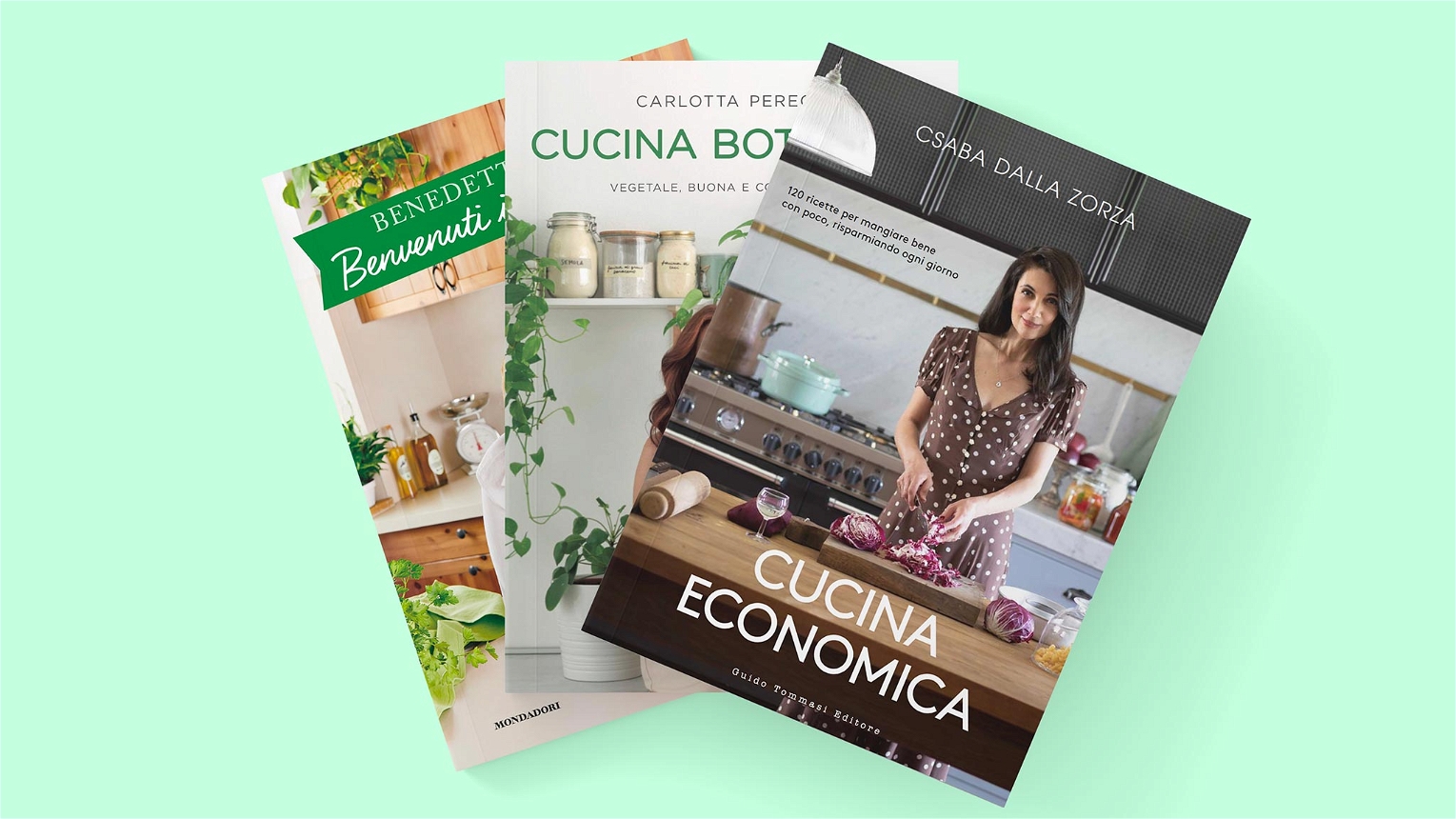 3 libri di cucina famosi sfondo verde 