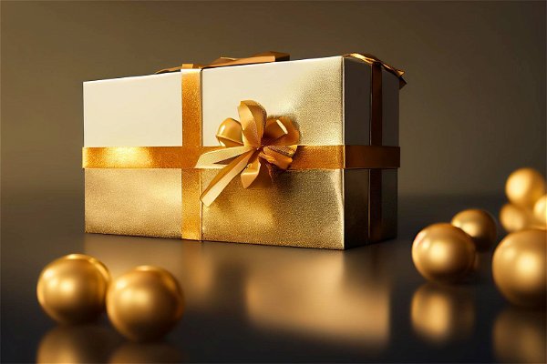 pacco regali dorato con palline dorate