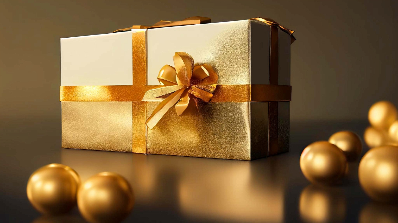 pacco regali dorato con palline dorate