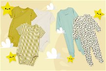 body e tutine neonato su sfondo giallo 