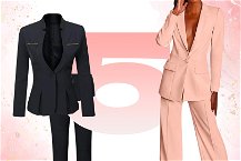 Giacca e pantalone donna neri e modella con tailleur rosa