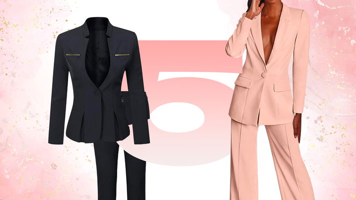 Giacca e pantalone donna neri e modella con tailleur rosa