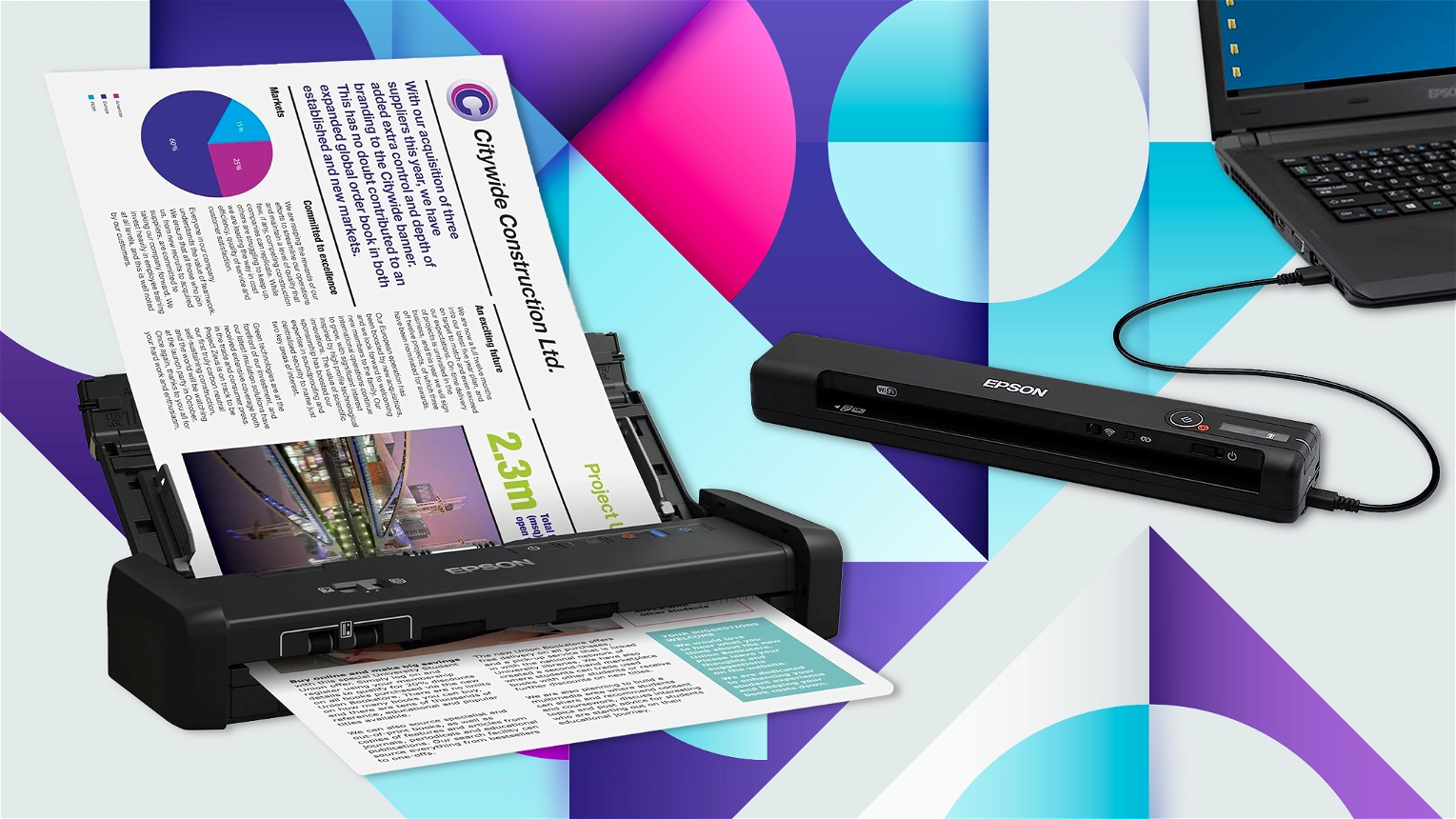 Due scanner portatili su sfondo colorato
