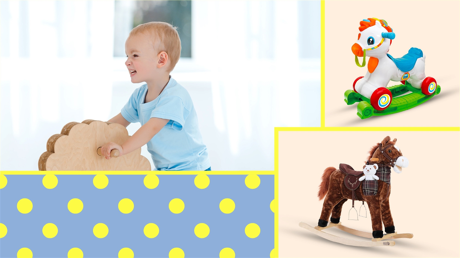 Foto bambino felice su cavallo a dondolo e due cavalli a dondolo