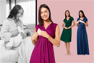 foto di mamma in bianco e nero che allatta sulla sinistra e tre dei migliori abiti di allattamento sulla destra indossati da delle modelle 