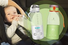 foto di bimbo che prende il latte dal biberon nel seggiolino in auto e sulla destra immagine in primo piano di due scaldabiberon da viaggio 