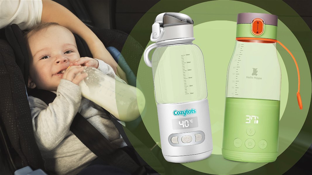 foto di bimbo che prende il latte dal biberon nel seggiolino in auto e sulla destra immagine in primo piano di due scaldabiberon da viaggio 