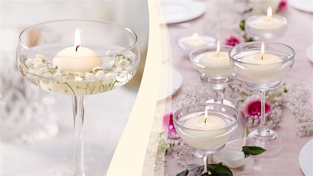 candele galleggianti nel calice sulla tavola 