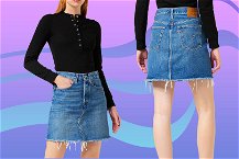 Minigonna jeans con modella su sfondo colorato
