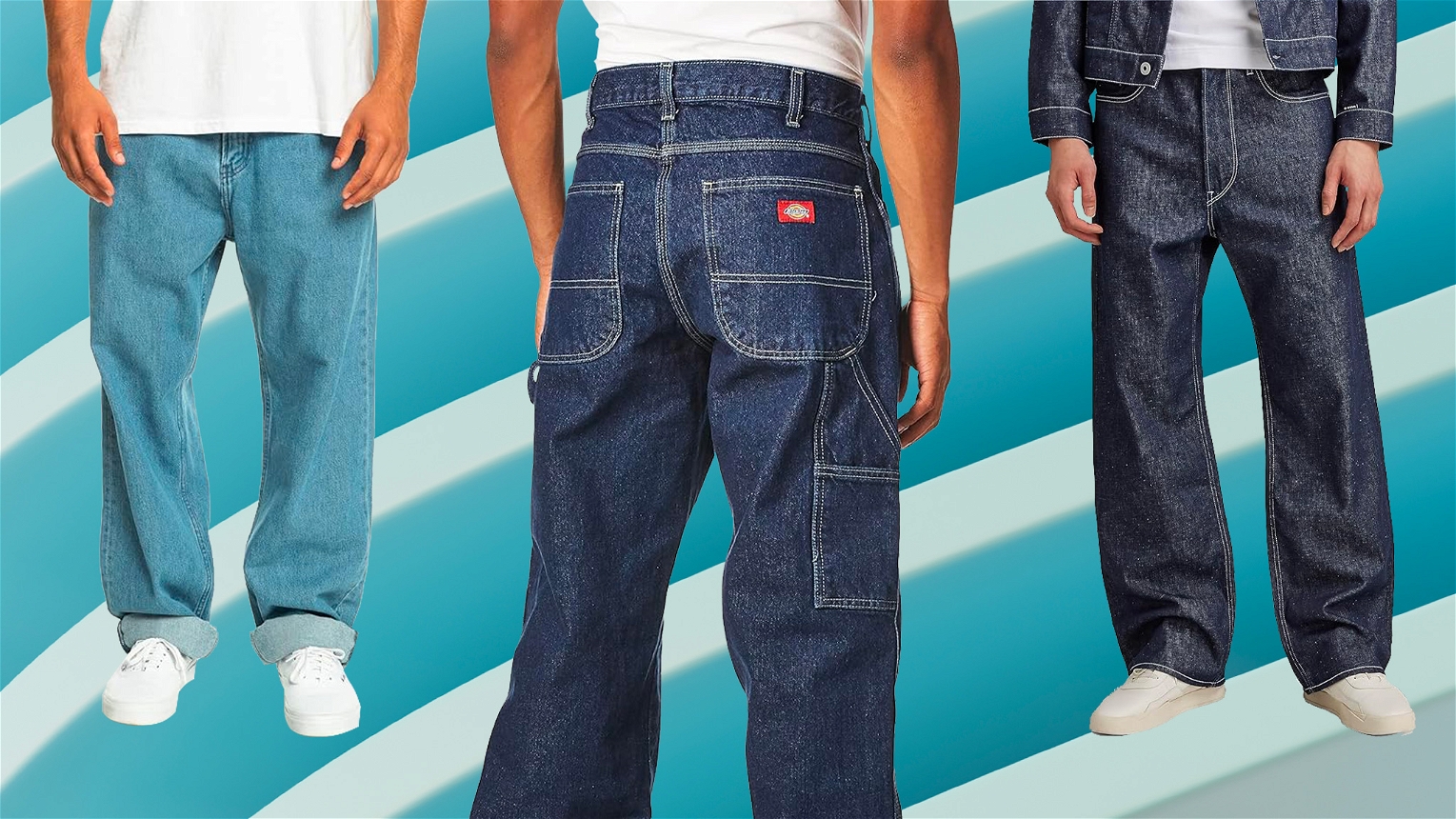 Jeans baggy da uomo indossati sfondo celeste