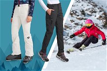 Modelli pantaloni da sci per donna in primo piano e donna che scia in secondo piano