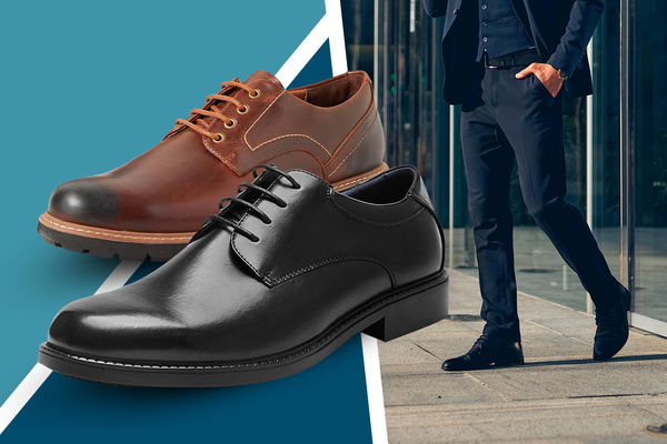 Scarpe derby da uomo eleganti e uomo elegante in secondo piano