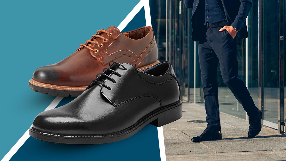 Scarpe derby da uomo eleganti e uomo elegante in secondo piano