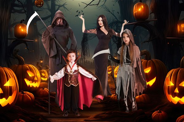 Famiglia vestita con costumi di Halloween con sfondo bosco e zucche
