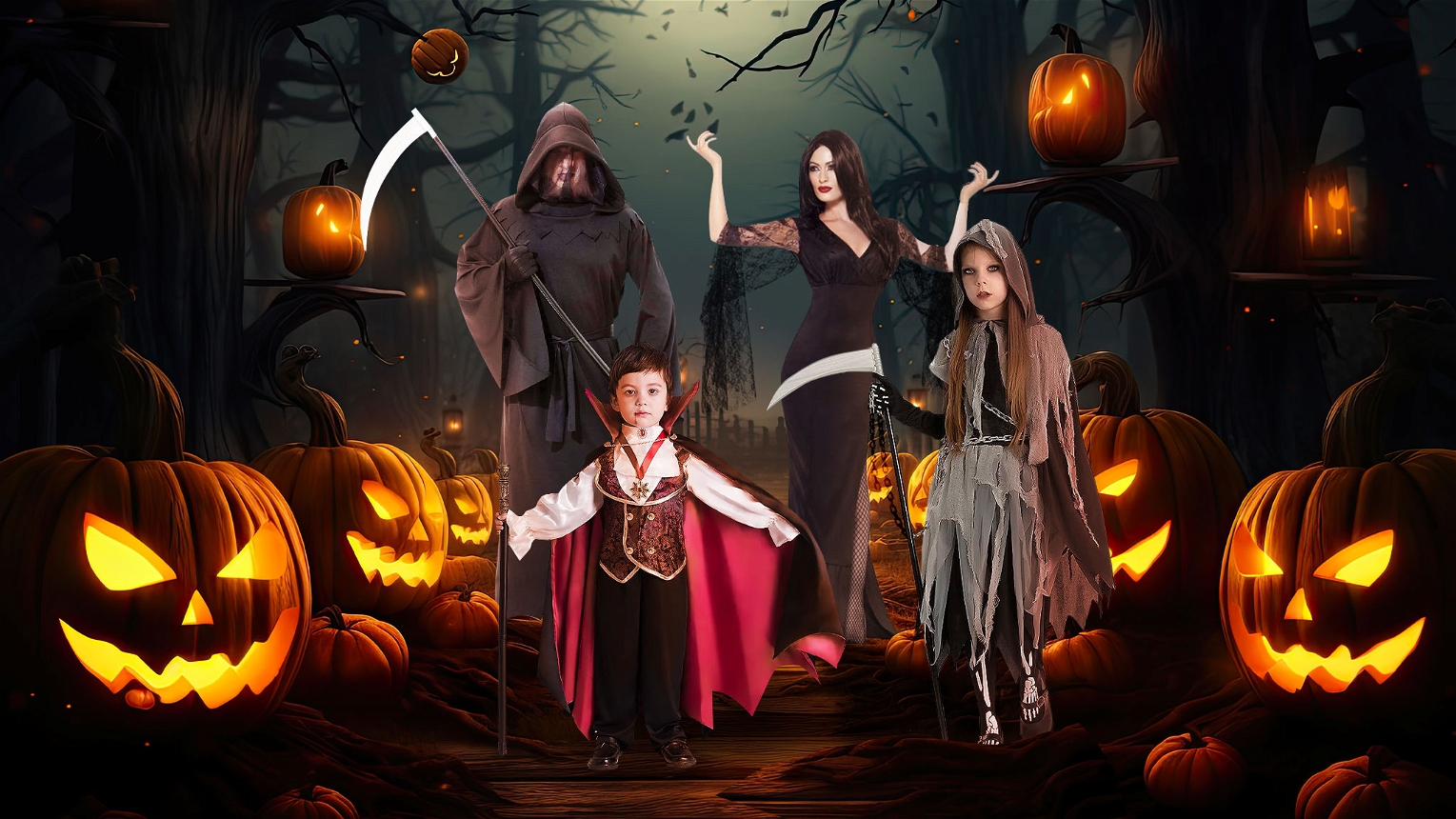 Famiglia vestita con costumi di Halloween con sfondo bosco e zucche