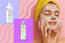 Due detergenti viso per pelli sensibili e donna che prova il prodotto accanto