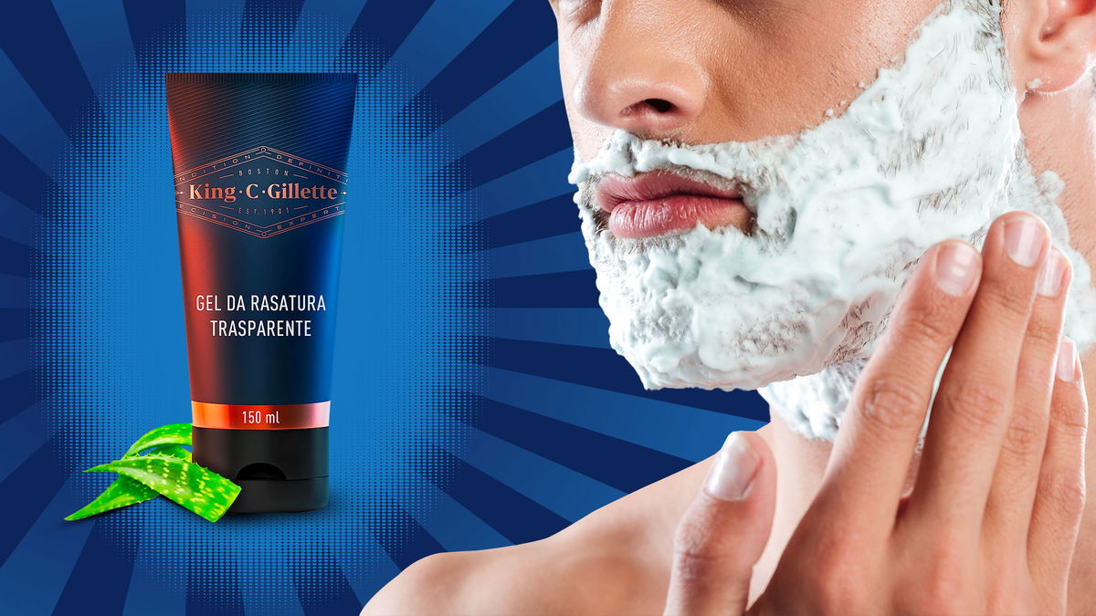 Gel da barba per radersi in primo piano e uomo con schiuma in faccia