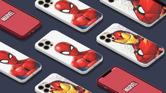 cover telefono cellulare marvel su sfondo blu scuro