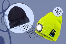 cappelli bluetooth caldi su sfondo con illustrazione musica