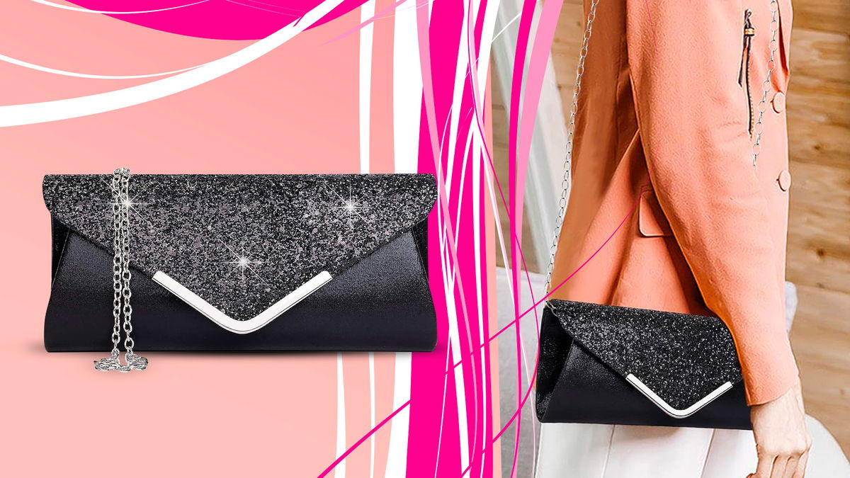 Pochette elegante nera in primo piano e pochette indossata da una donna 