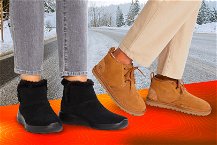 Scarpe invernali in primo piano e sfondo colorato invernale 