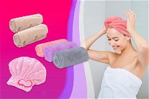 Tre modelli di asciugamani per capelli in primo piano e foto di donna con indosso uno di questi asciugamano