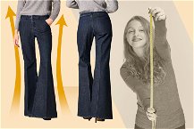 pantaloni che slanciano la figura con frecce e donna che tiene il metro