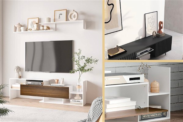 mobili tv design in salotto e camera da letto collage