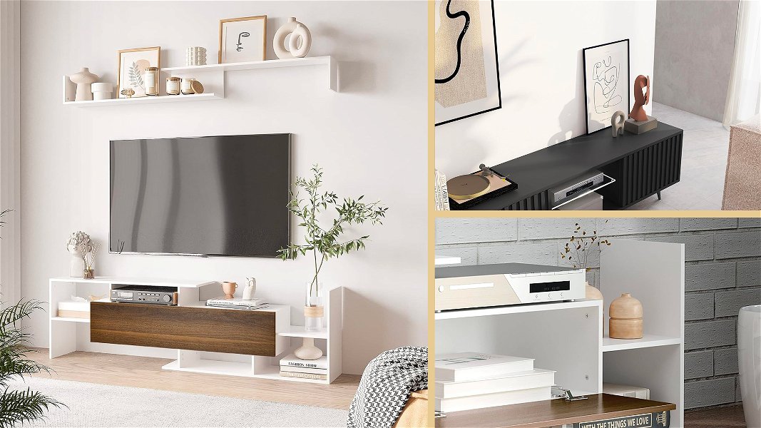 mobili tv design in salotto e camera da letto collage