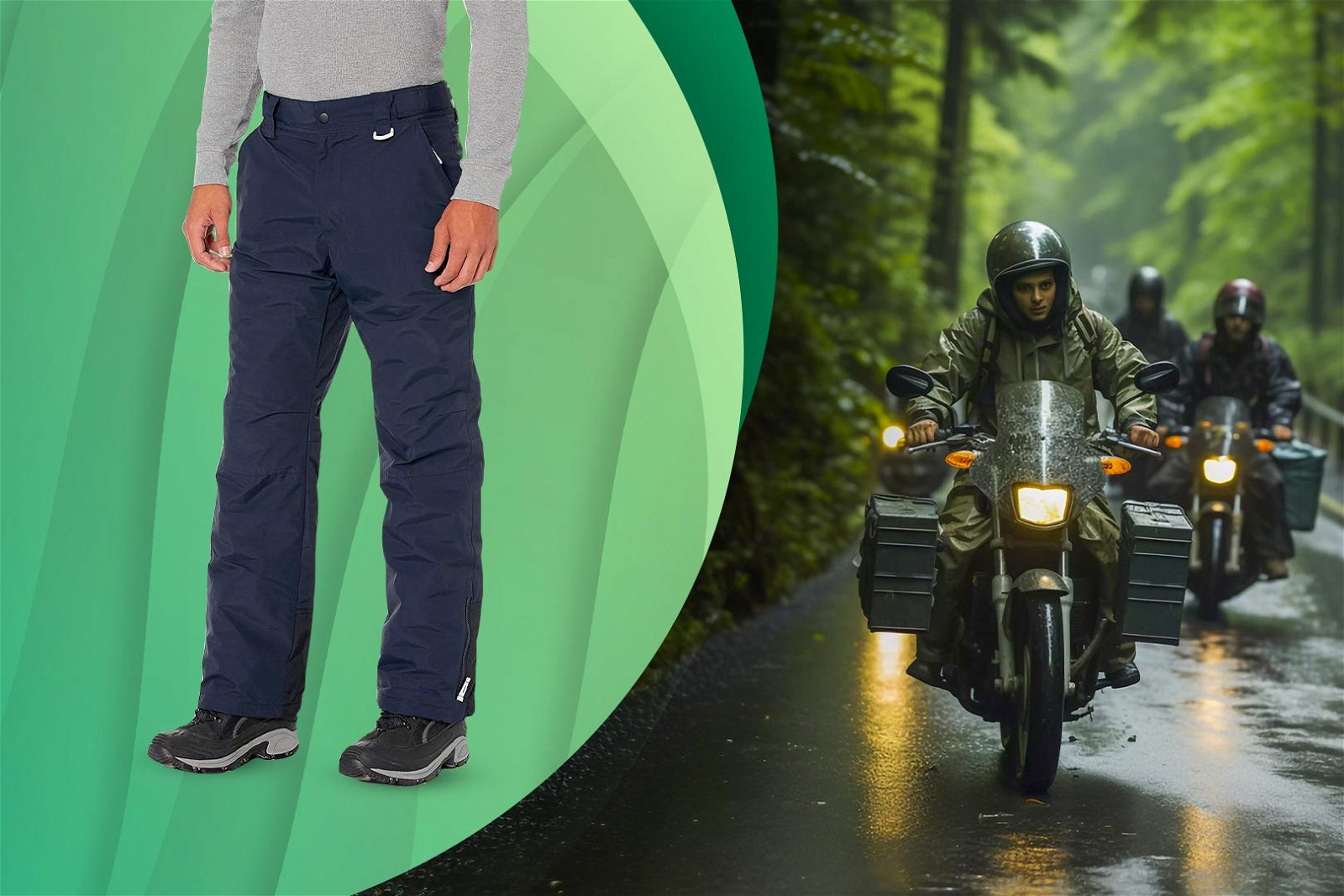 Pantaloni impermeabili in primo piano e foto di ragazzo in moto mentre piove