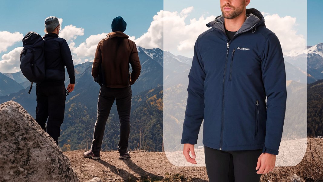 migliore giacca softshell uomo indossata con sullo sfondo una foto di due uomini che guardano l'orizzonte montanaro di fronte a loro