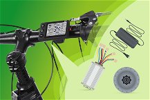 kit per bici elettriche essenziali con dettaglio foto bici con display e sulla destra altri strumenti (controller, caricatore, motore)