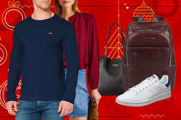 Uomo e donna con indosso abbigliamento e prodotti moda come zaino borsa e scarpe