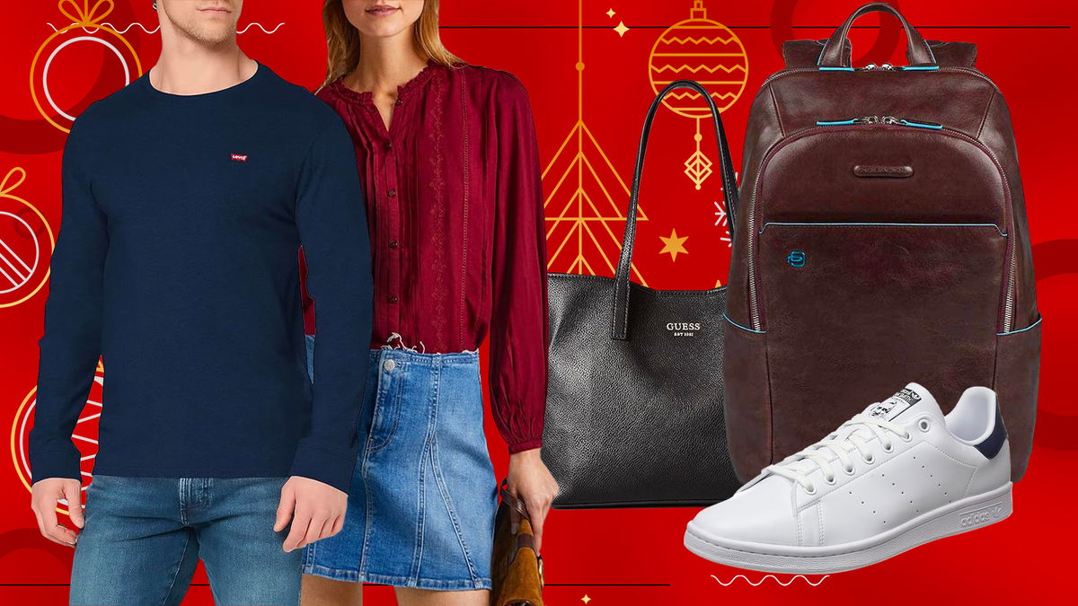 Uomo e donna con indosso abbigliamento e prodotti moda come zaino borsa e scarpe