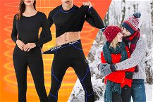 Modelli con indosso intimo termico per stare al caldo e foto con coppia sulla neve