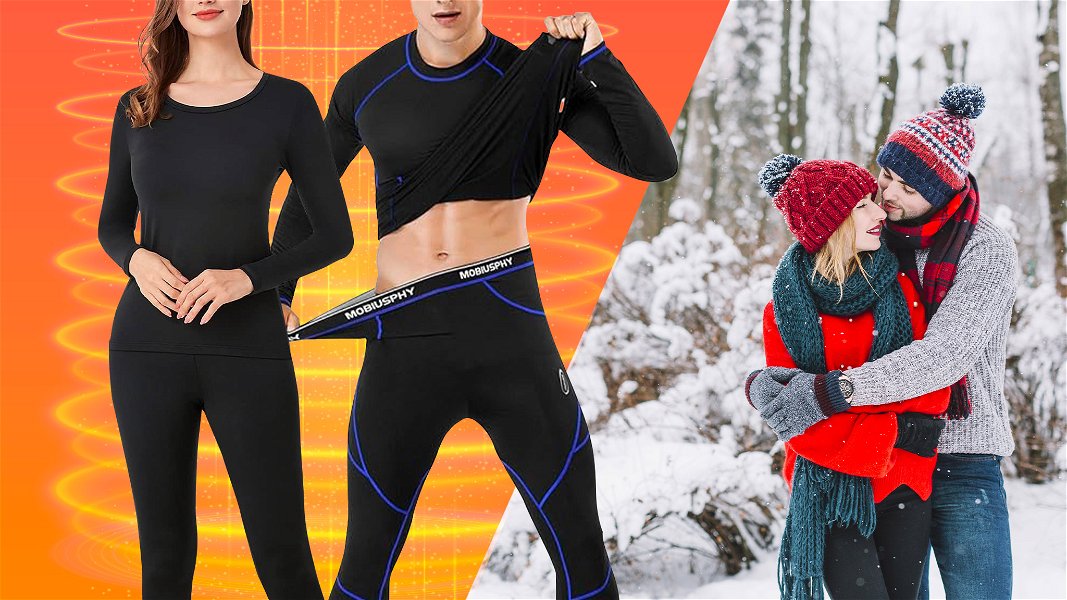 Modelli con indosso intimo termico per stare al caldo e foto con coppia sulla neve