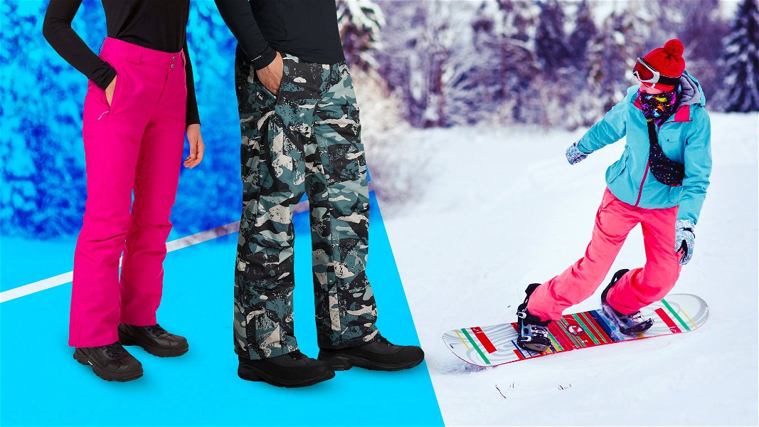 Pantaloni da sci comodi e tecnici in primo piano e snowborder nello sfondo