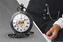 Orologio da taschino in primo piano e foto di signore elegante con orologio in tasca