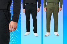 Dettaglio pantaloni a sinistra e due modelli con indosso i pantaloni classici uomo
