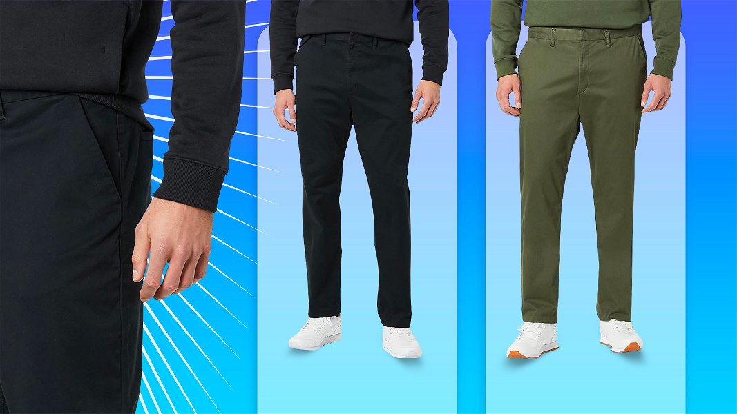 Dettaglio pantaloni a sinistra e due modelli con indosso i pantaloni classici uomo