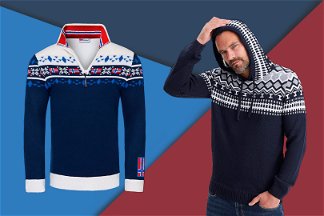 maglione norvegese uomo cozy indossato su sfondo geometrico che riprende i colori dei maglioni