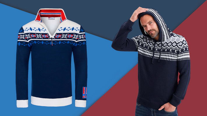 maglione norvegese uomo cozy indossato su sfondo geometrico che riprende i colori dei maglioni