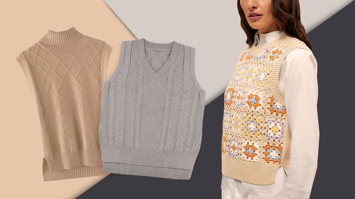 gilet in maglia da donna su sfondo geometrico, tutto in stile cozy 