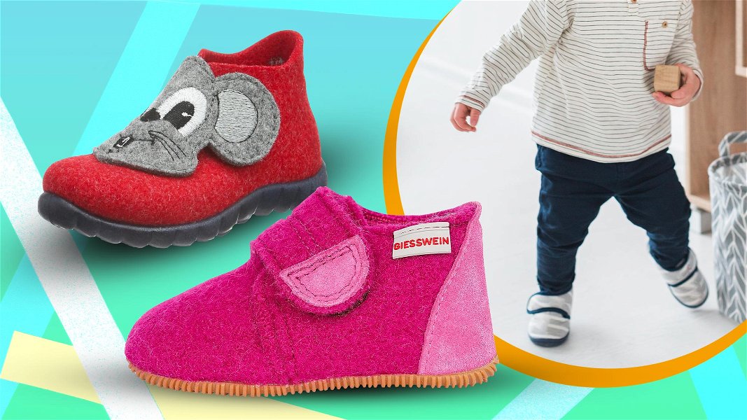 Due modelli di pantofole primi passi per il tuo bambino. e foto di bambino che inizia a camminare 