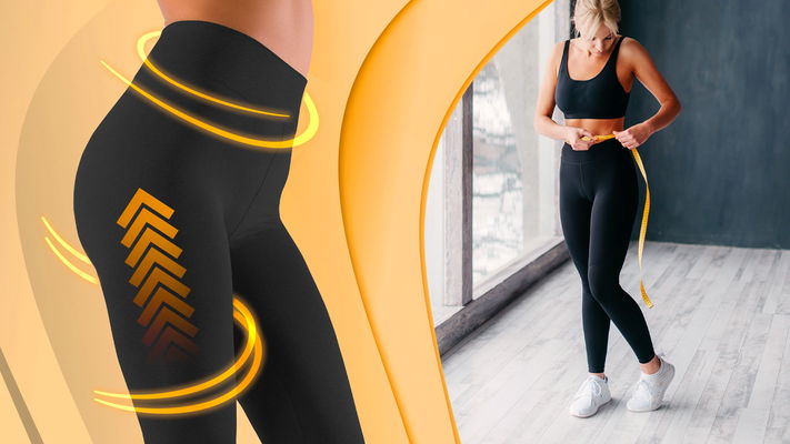 Leggings dimagranti in tessuto FIR e modella con metro in mano e attorno la vita