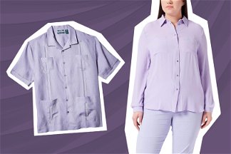 camicia donna lilla indossata e camicia uomo lilla non indossata con sfondo e grafica viola